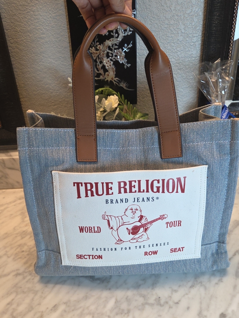EUCTrue Religion Blue Denim Messenger Tote with Brown Handles and Red Logo Patch